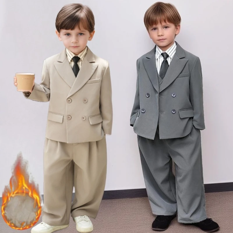 

Зимний детский смокинг на флисовой подкладке, деловой костюм для мальчиков на свадьбу, пиджак с цветочным узором для мальчиков, рождественская вечеринка, комплект детской торжественной одежды на первый день рождения