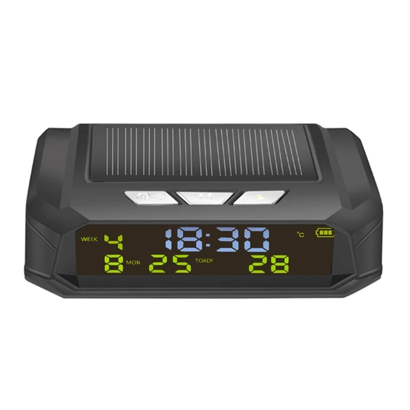 090E Auto Interior Accessory Solar Powered LCD Clock Week Calendar Time Temp Display