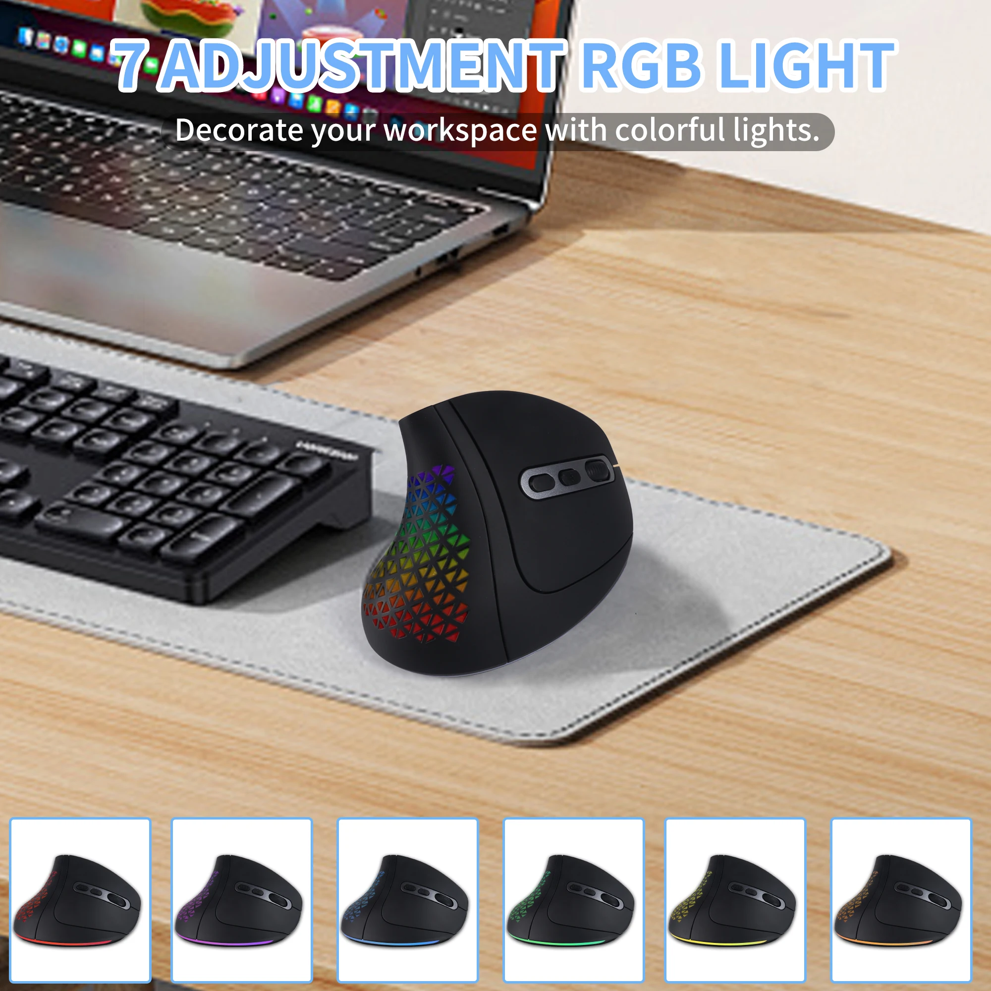 Vertical Mouse Ergonomics Design Rechargeable RGB Light Effect Wireless 2.4G Bluetooth Dual-mode Office Use Mouse Mute Button