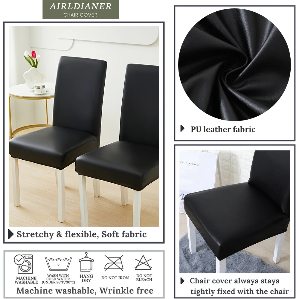 PU Leather Waterproof Chair Covers Stretch Chair Seat Cover Protector Dining Room Restaurant Kitchen Chair Case Solid Colors