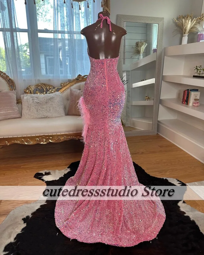 Sparkle Crystal Pink Prom Dresses 2025 Halter Afrcian Feather Sequin Party Gown Evening Dress Customized vestidos de graduación