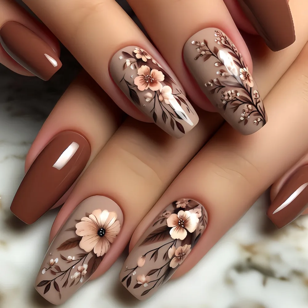 24pcs Press on Nails Flower Design Mid-length Ballet False Nail Fashion Brown Full Cover Manicure Tips Datachable Fake Nails Set