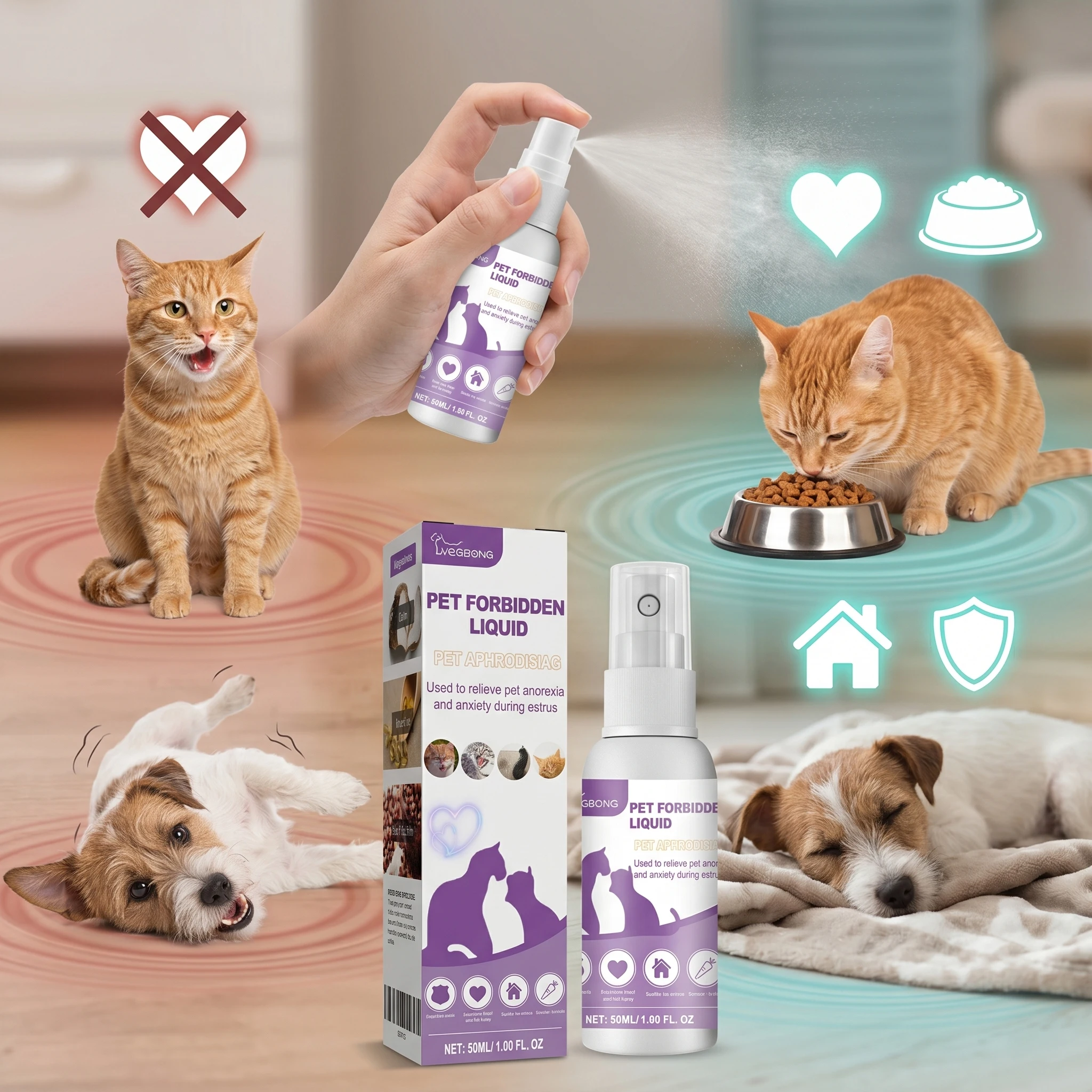 Cat Calming Spray Dog Estrus Relief Anxiety Soothing Pet Stress Support Mood Relaxing Supplement Natural Poria Spray 50ml