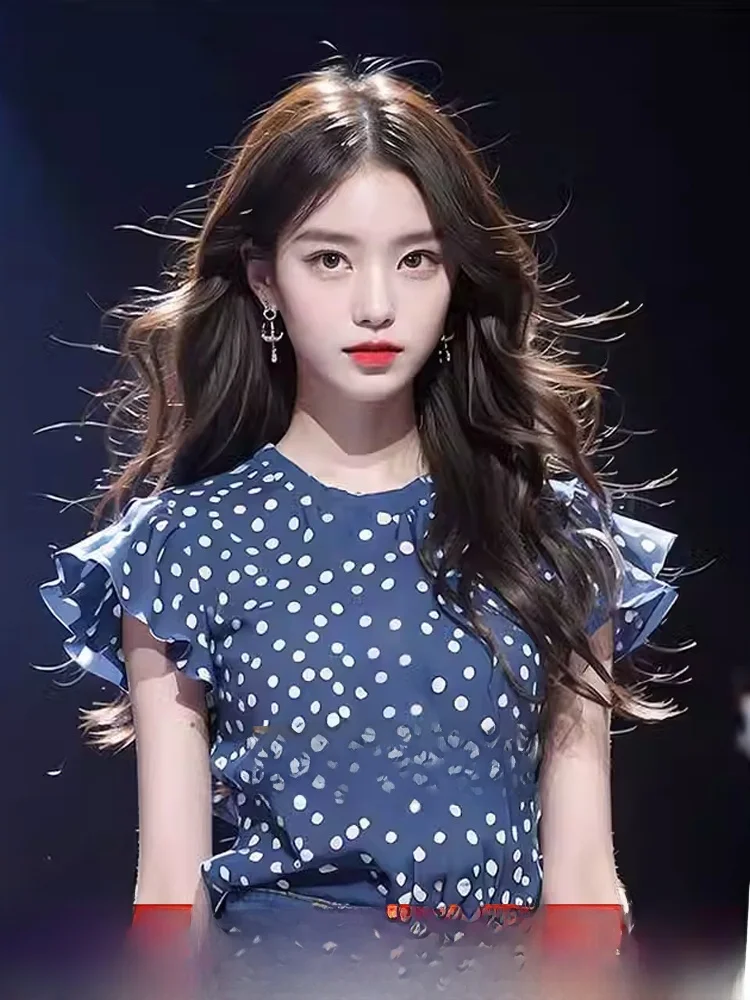 

Летняя женская блузка в горошек irt Beautiful Flng Sve Ele Top Korean Sle Slim Fit ort Sve round Ne Blouse