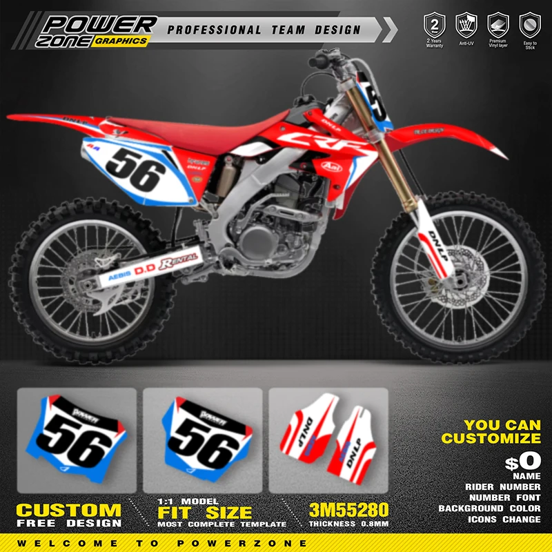 PowerZone Custom Graphics Backgrounds Decals Stickers Kits For HONDA CRF250 2004 2005 2006 2007-2009 Motocycle Name Number 004