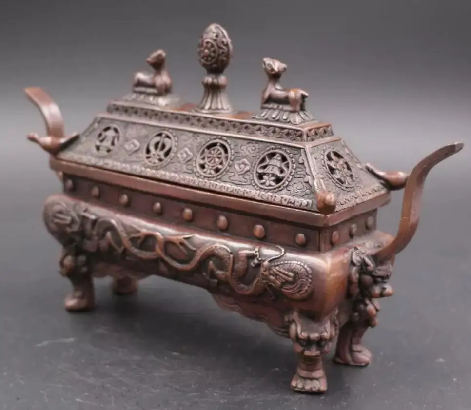 

Tibet Buddhism red Bronze Eight Auspicious Dragon Beast Incense Burners Censer