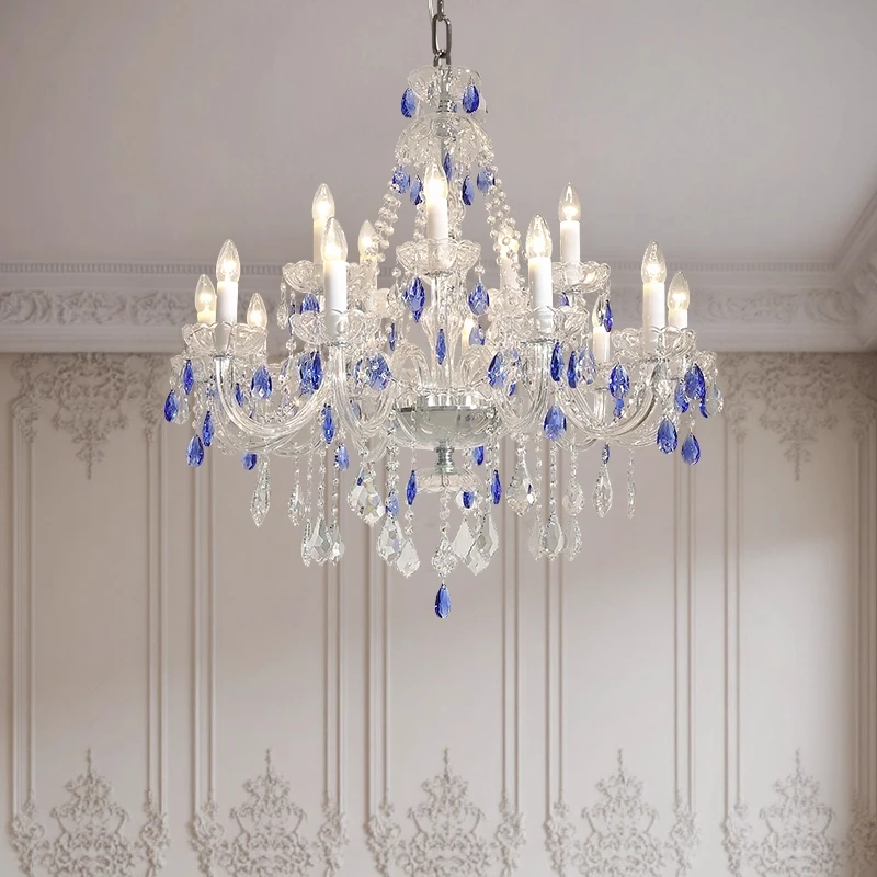 French Blue Romantic Crysatl Chandeliers Light Luxury Glass Living Room Art Decor Candle Pendant Lights Lighting Bedroom Lamps