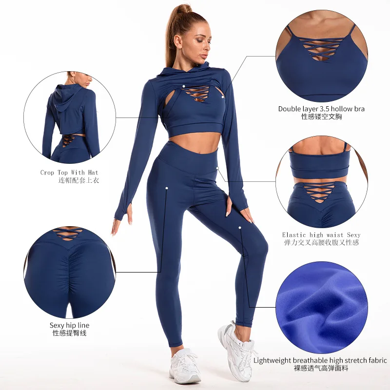 Woman Clothingformal DressesYoga Set Fitness Clothes Women'S Quick-Drying Sports Yoga Pants Long-Sleeved Top Hood