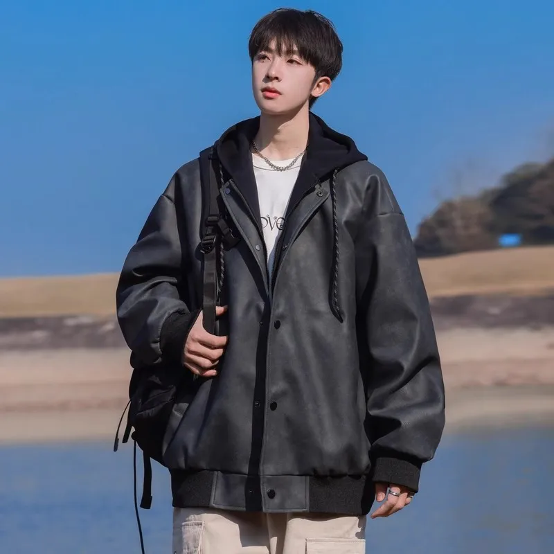 

Men's PU Leather Jaet Motorcycle Riding Clothes American Sle Spring 2024 Trendy Brand Casual Jaet Fake Two-Piece Design