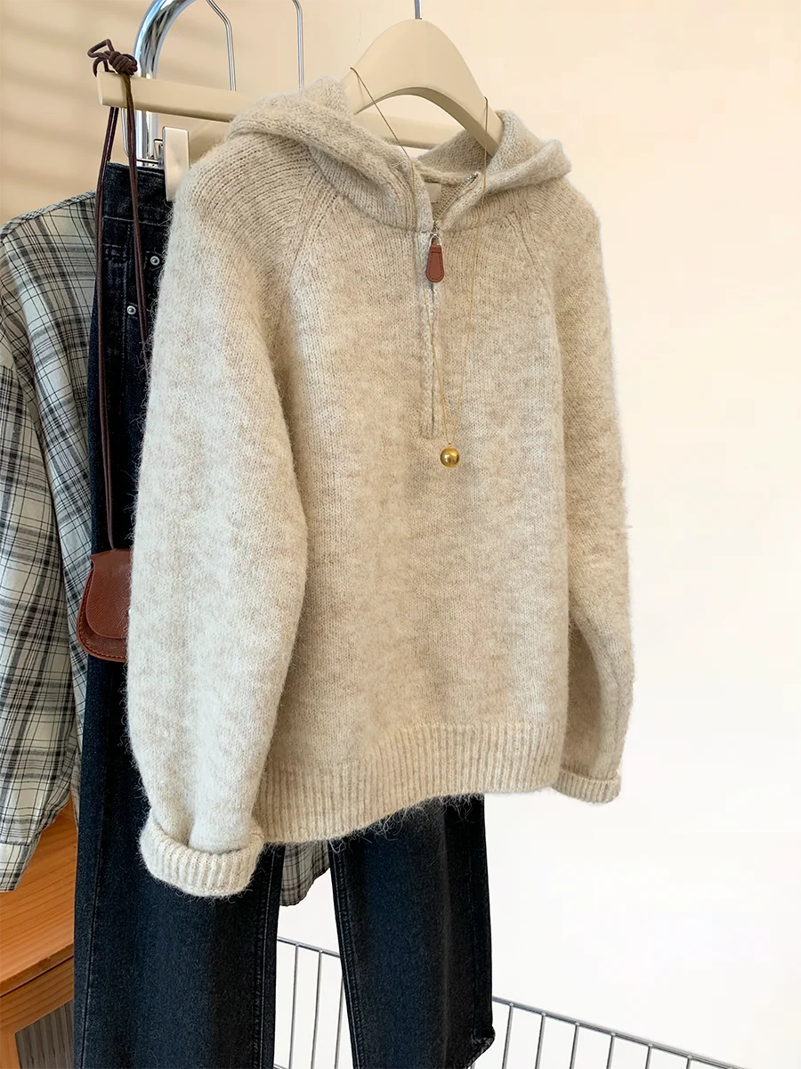 Women's Thickened Hooded Sweater Half Zipper Autumn Winter New Lazy Style Soft Cozy Base Layer Top Knitted Shirt