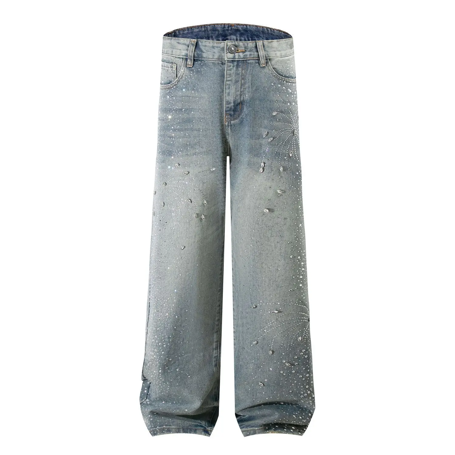 2025 Men's Autumn New Rhinestone Jeans Fashion Straight Denim Pants Men's Versatile Solid Color Pocket Decoration Denim Trousers