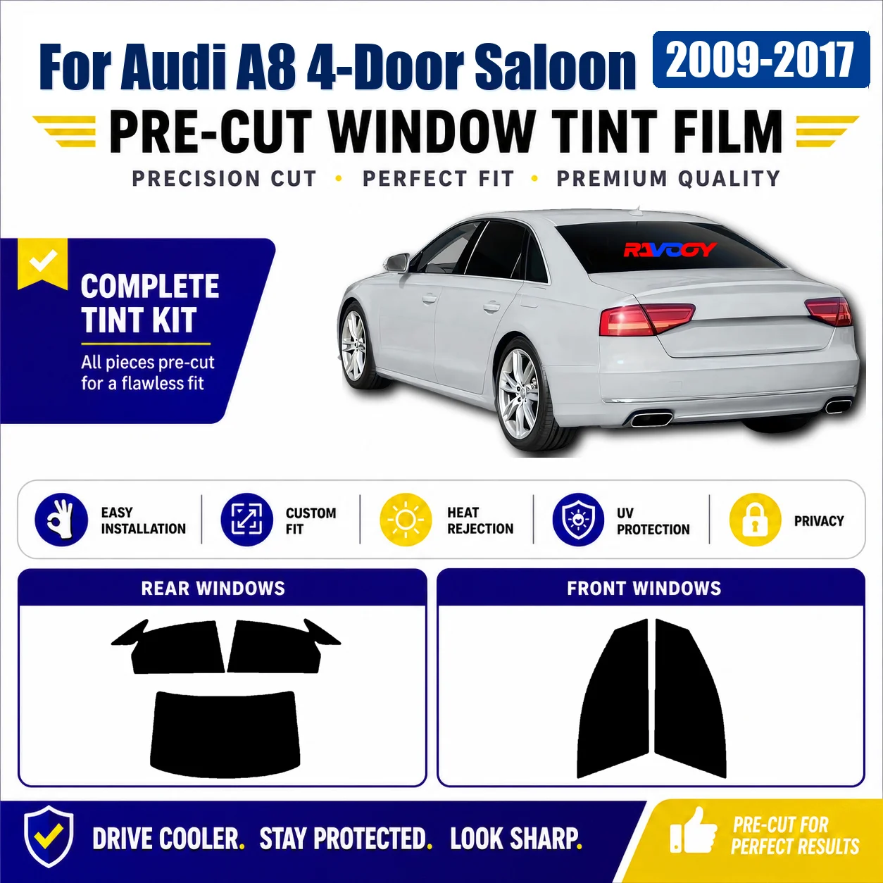 For Audi A8 4-Door Saloon 2009-2017 Custom Fit Front Rear Side Window Glass Tint Kit RAVOOY Heat Reject
