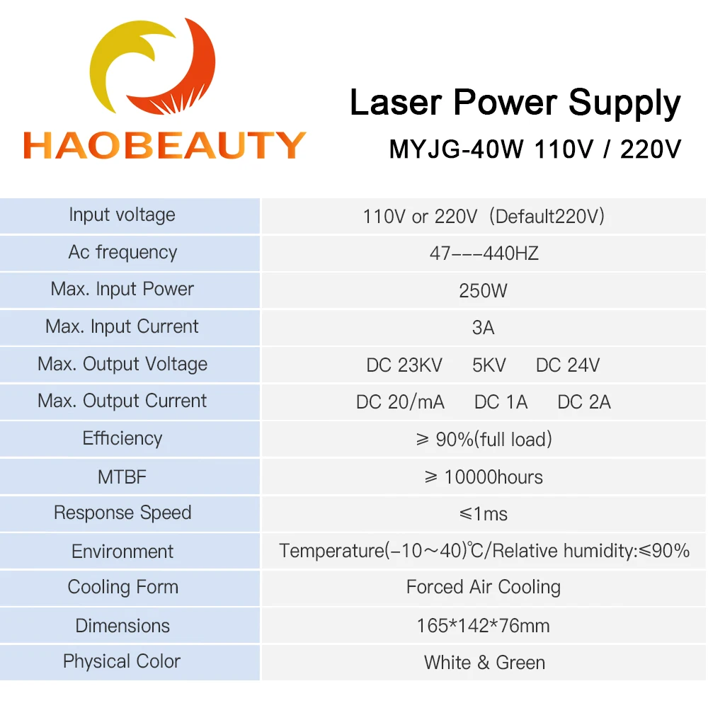 HAOBEAUTY MYJG-40 CO2 Laser Power Supply 40W 110V/220V For CO2 Laser Tube High Voltage Engraving Cutting Machine