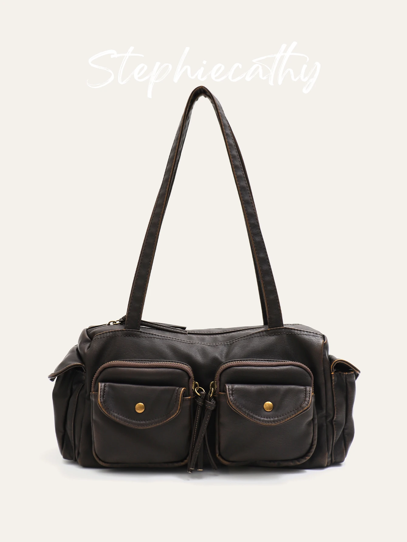 

SC Women Fashion Street Casual Washed PU Leather Pillow Bag Multi Flap Pockets Handbag Underarm Bag Daily Commute All Seasons