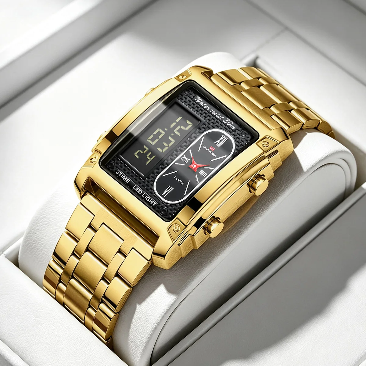 VA VA VOOM Electronic Watch Men Square Case Analog-Digital Quartz Stainless Steel Luxury Watch Sports Business Waterproof Watch