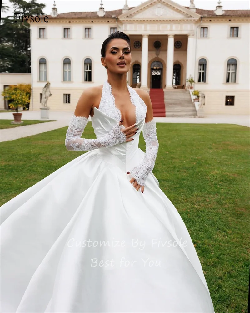Fivsole الحديثة الدانتيل الرسن ألف خط فستان الزفاف عارية الذراعين ذيل طويل فساتين العروس طول الأرض فستان الزفاف حسب الطلب