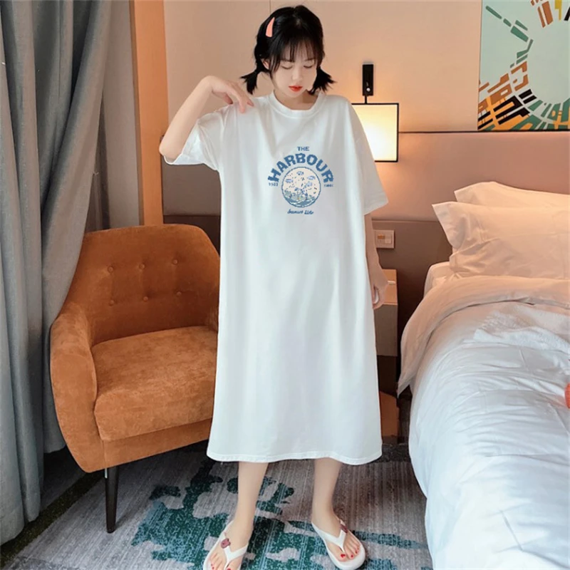 Korean Summer Long Knee Length Skirt Short Sleeved T-Shirt Skirt Women's Split Letter Printed Round Neck Loose Fitting Dress