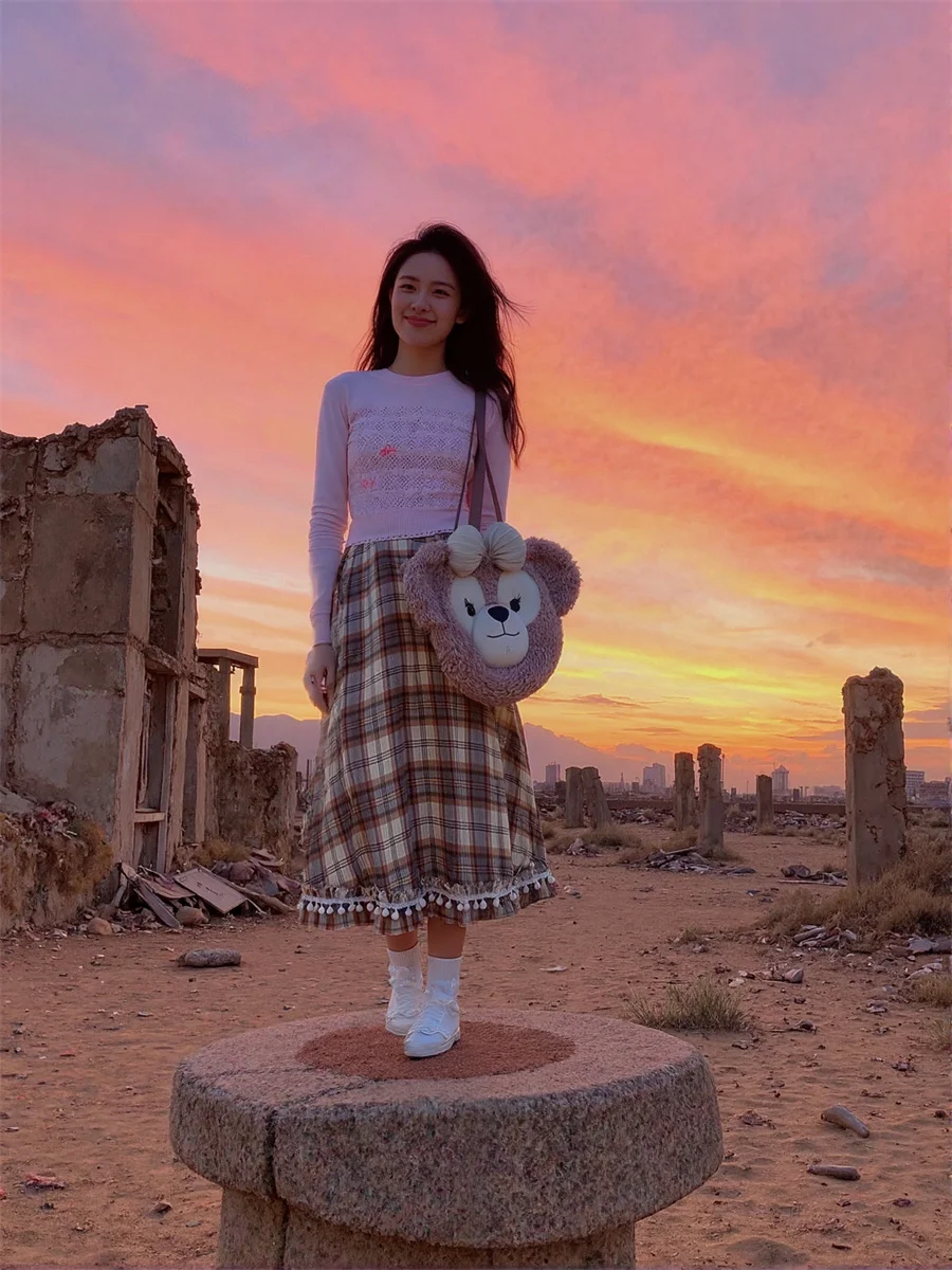 

Plaid Midi Skirts Womens Artistic Boho Patchwork Fringe Unique Flowy Festival Holiday Pleats Layered Vacation Sky Bling