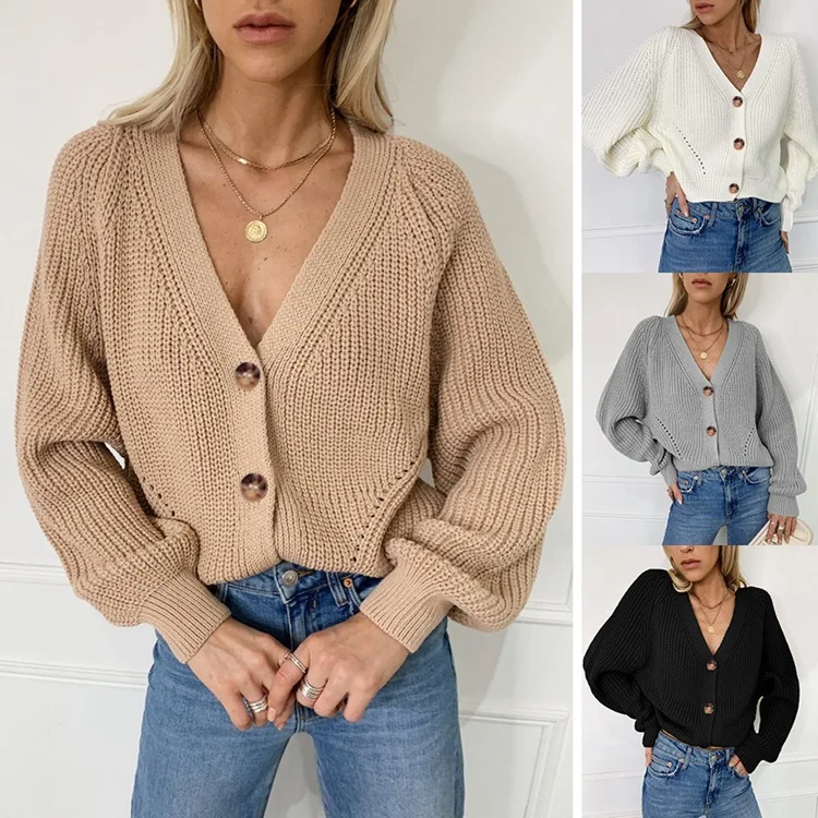 

Women's Knitted Button-Up Cardigan Svel V-Ne Sweater Autumn Winter Faion Ele Sle Polyester Fiber Lantern Sve