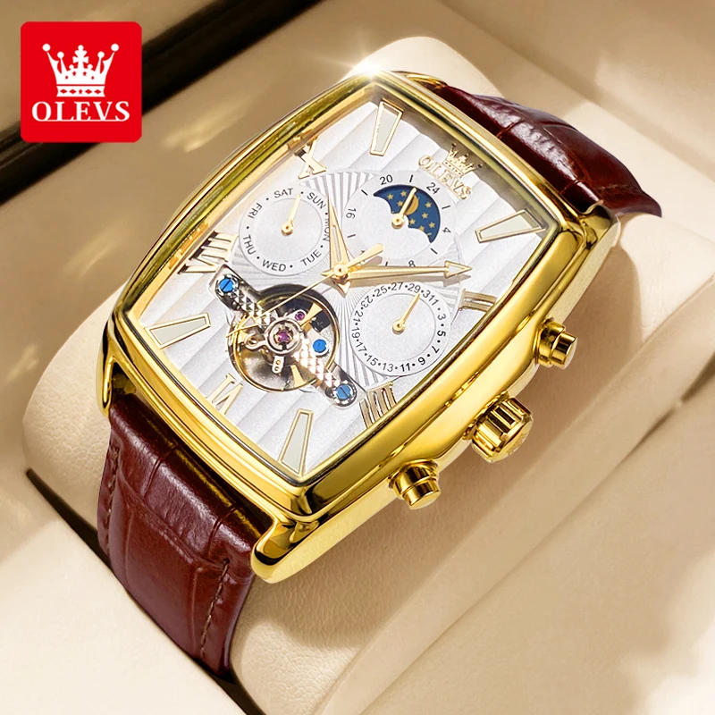 ساعة OLEVS 6675 للرجال بمينا مربع وهيكل عظمي وحزام جلدي مجوف مقاومة للماء ميكانيكية أوتوماتيكية