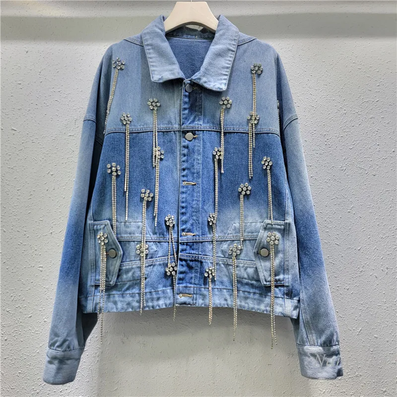 

European Fashion Personalized Diamond Tassel Denim Clothing Women's Short Jacket Loose Slimming Batwing Long Sleeve Coat Fall