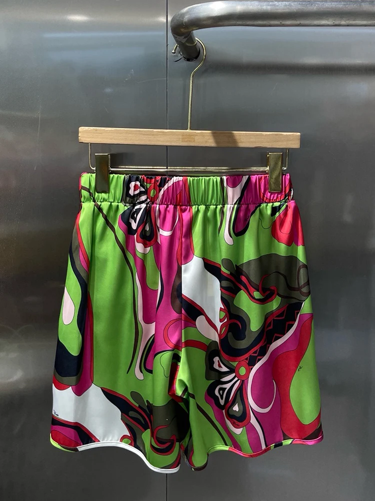 Retro geometric print elastic waist silk wide leg shorts 2026 summer women's fashion versatile side slit loose hot pants