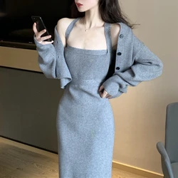 Tow Piece Set Women Autumn 2021 Korean Slim Knitted Cardigan Coat+sexy Bodycon Strap Dress Office Lady Sashes Casual Sweater Set