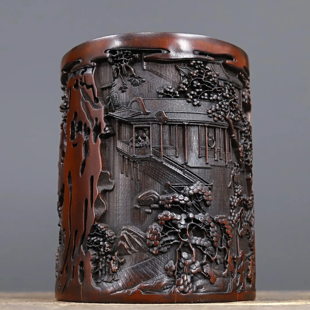 

Chinese Antique Bamboo Brush Pot - Vintage Carved Scenery Design - Collection-Grade Office Writing Accessory