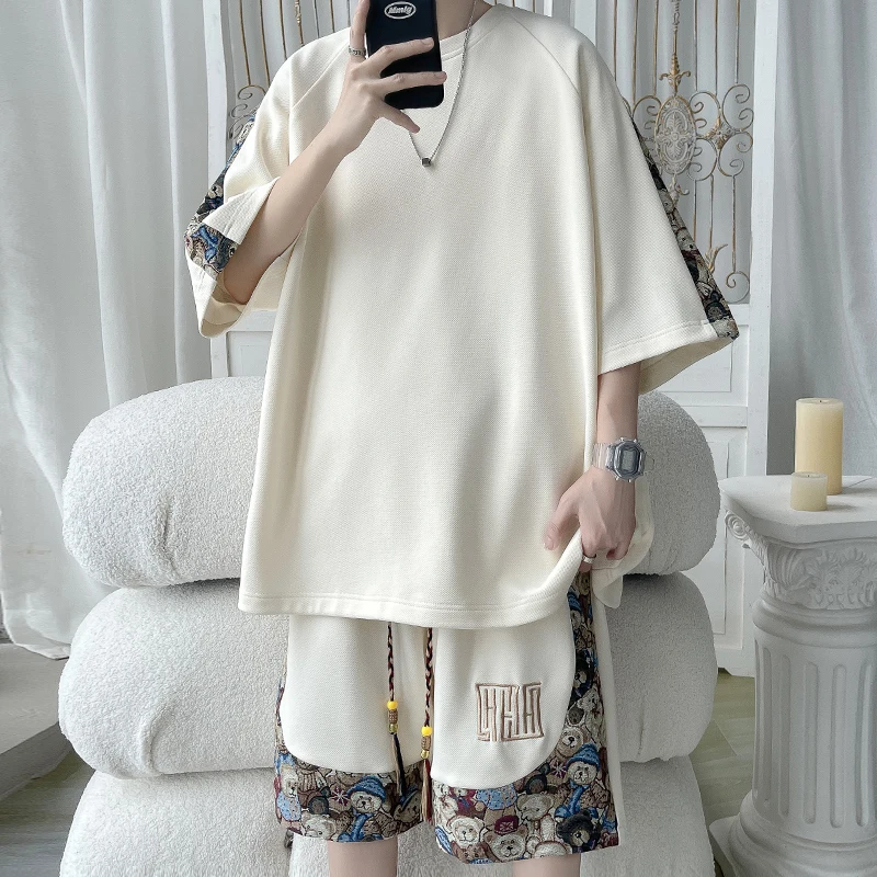 

Мужской комплект футболок из ледяного шелка с коротким рукавом, с вышивкой и пэчворком, в американском ретро-стиле, с плотным вафельным узором, дышащий, летний, повседневный