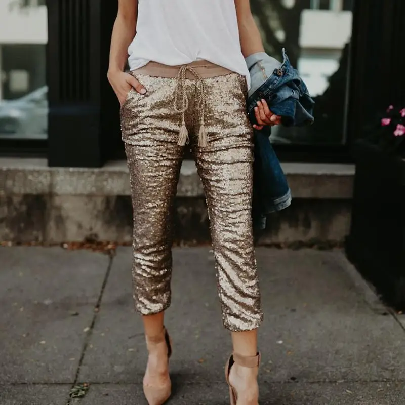 Faionable Sequin Elastic Waist Belted Casual Pants Spring New Women's Clothing Cross-Border Loose Fit Nine-Piece Pants