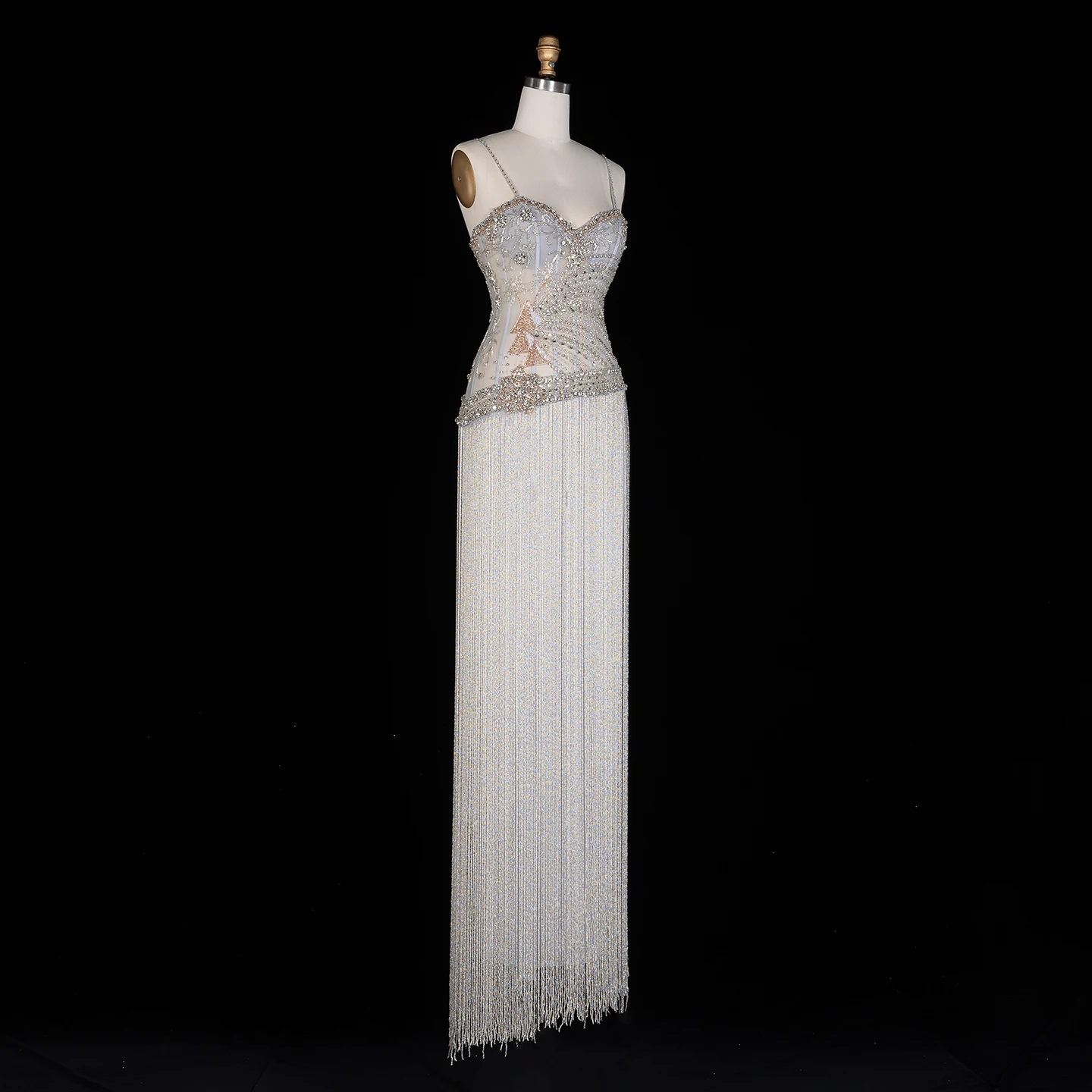 Sharon Said Abendkleider Luxus Spaghettiträger Etuikleid Tüll Perlen Quasten Kristalle Dubai Formelles Partykleid SS202 Maßanfertigung – Detail 14