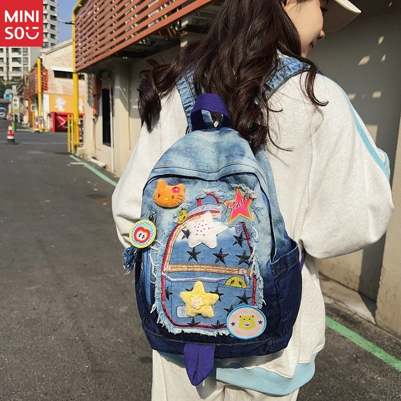 

Miniso 2025 Denim Gradient Backpack, Star Patches Street Style Vintage Bookbag