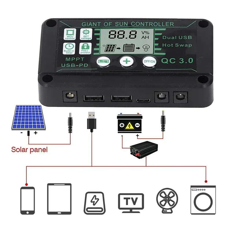 Waterproof 10A-100A Solar Charge Controller MPPT 12V/24V Charge Controller Dual USB Auto Solar Cell Panel Charger Regulator