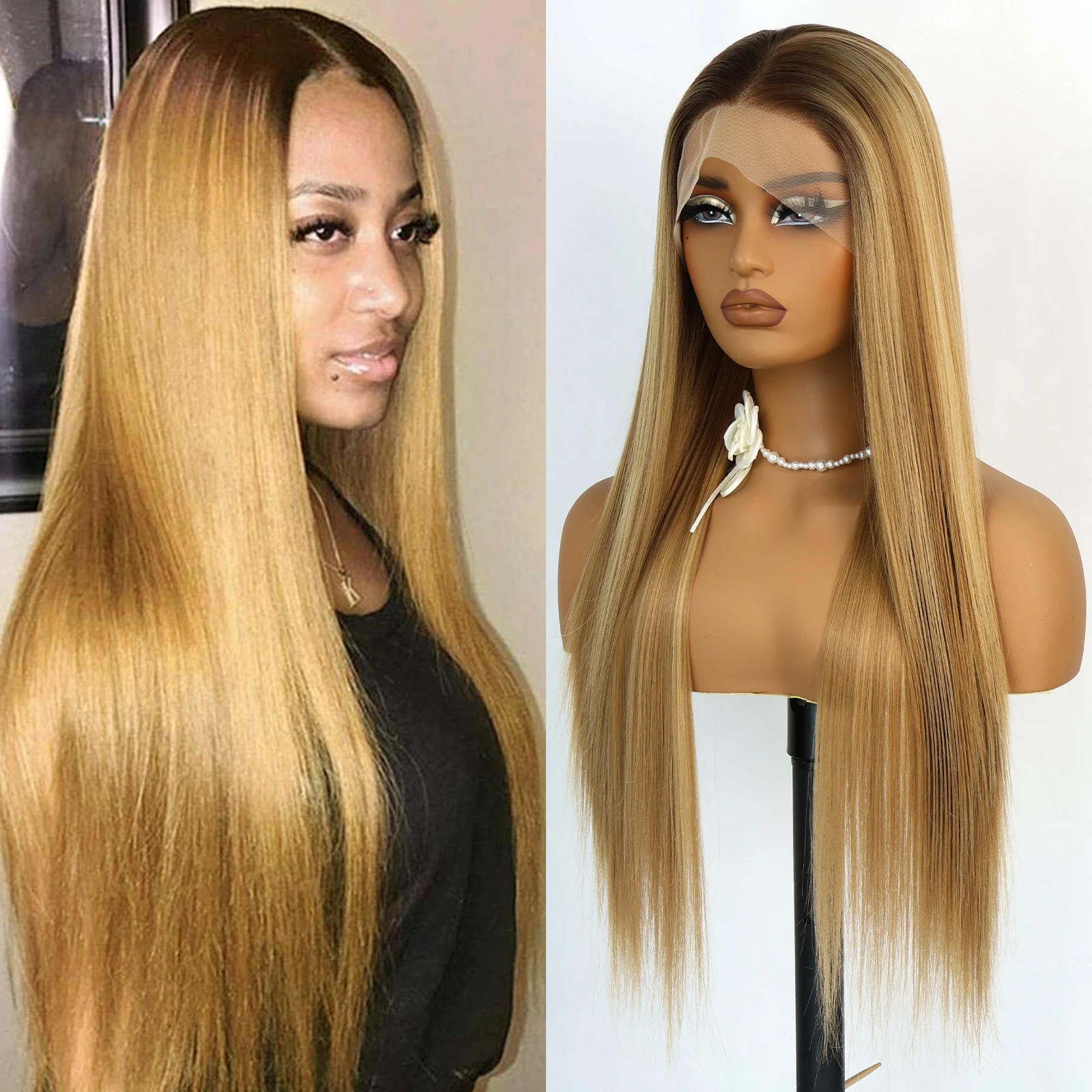 

Синтетический парик Aubree 13*4 с кружевной передней частью для женщин, для повседневного использования, омбре, золотистый, длинный, прямой, 28 дюймов, 180% плотность, без клея