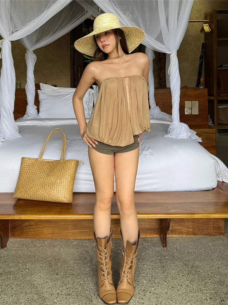 Nibber Draps Tops mujeres Split Solid Wrap Sexy Slim Beach Party sin tirantes vacaciones Simple clásico calle medianoche Hottie trajes