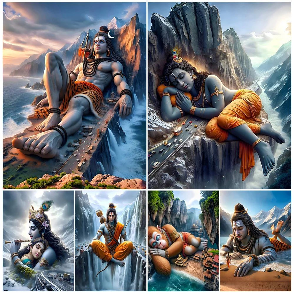 

Cartoon Shiva Brahma Vishnu Mountain Hinduism Posters Wall Pictures For Living Room Poster Wall Art Canvas Painting Unframed