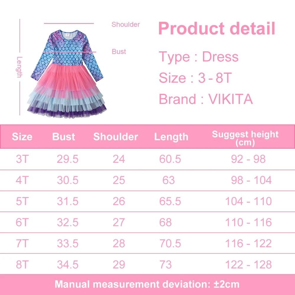 Vikita Kinder Langarm Kleid Mädchen Meerjungfrau Druck Kleider Kinder Farbverlauf bunte Kleid Mädchen Prinzessin geschichteten Tüll Tutu Kleider – Detail 1
