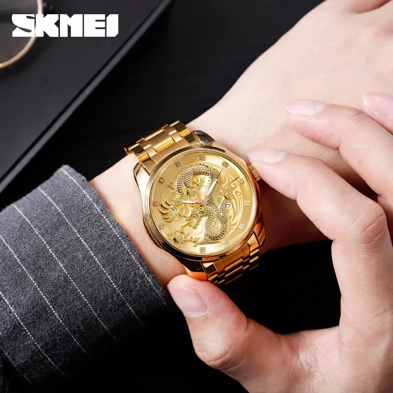 SKMEI 9193 Men 3Bar Waterproof Date Display Stainless Steel Strap Wristwatches Mens Watches Top Brand Luxury Golden Quartz Watch