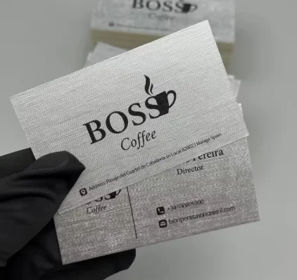 Customized brushed silver foil paper business card with soft touch and 3D embossed corporate brand business card