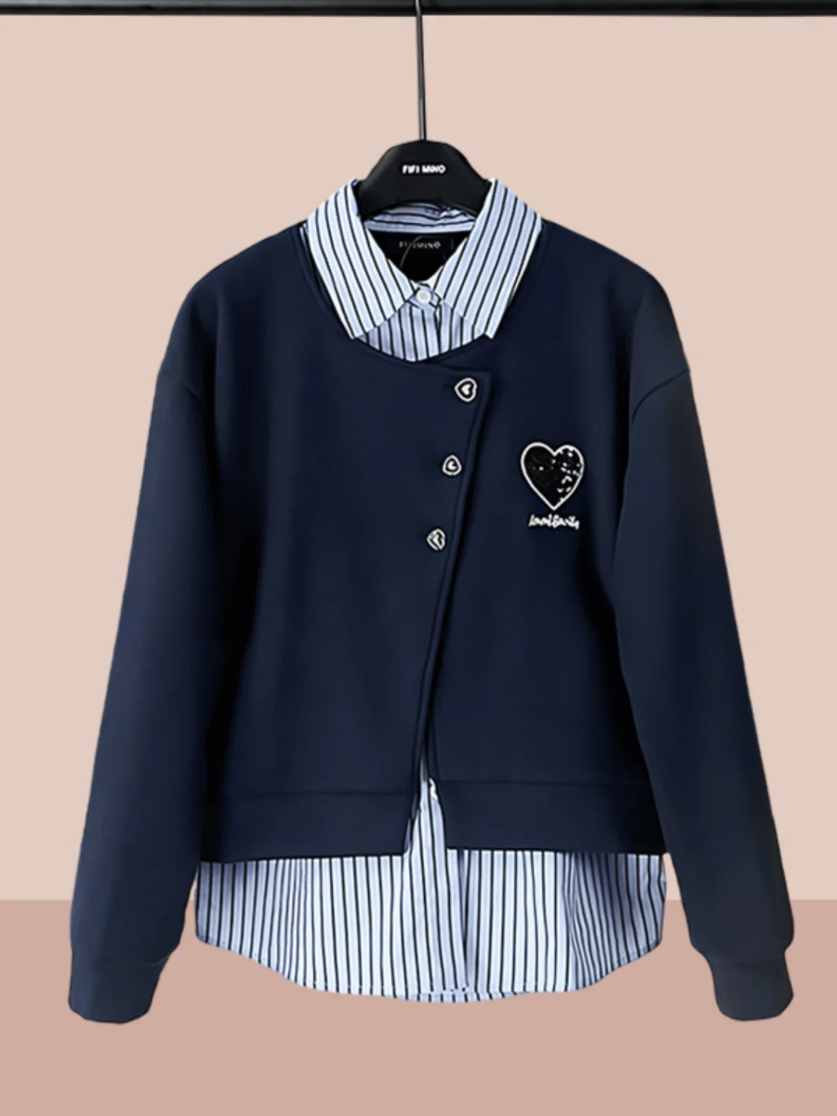 

Весенне-осенняя толстовка в корейском стиле, свободного кроя, в полоску, с воротником-поло, синяя, с контрастными вставками, с длинными рукавами, стандартный крой, свитшот.