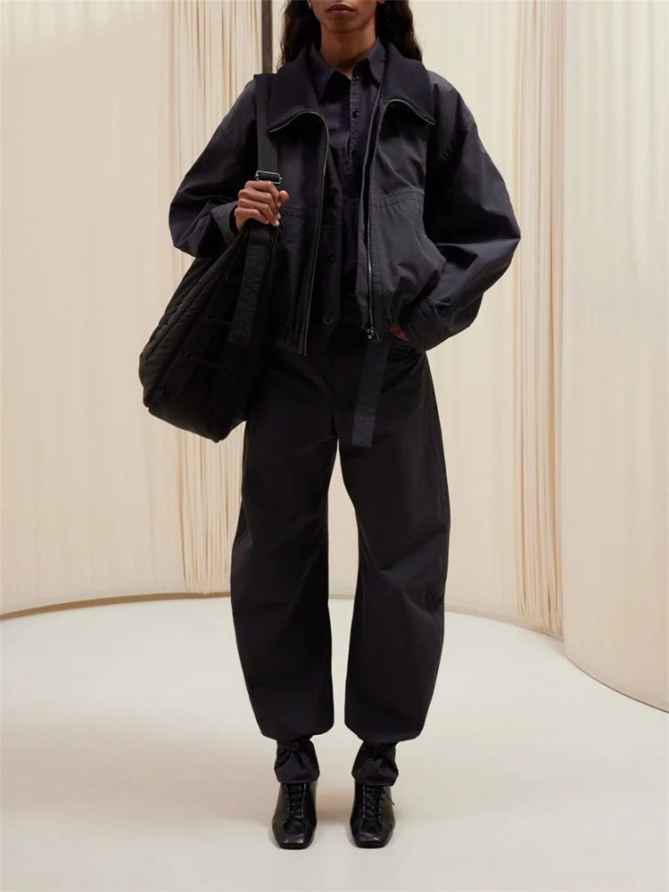 

Women's Black Jacket Stand Collar Casual Long Sleeve Warm Zipper Outerwear Female Cotton Coat Fall Winter 2024