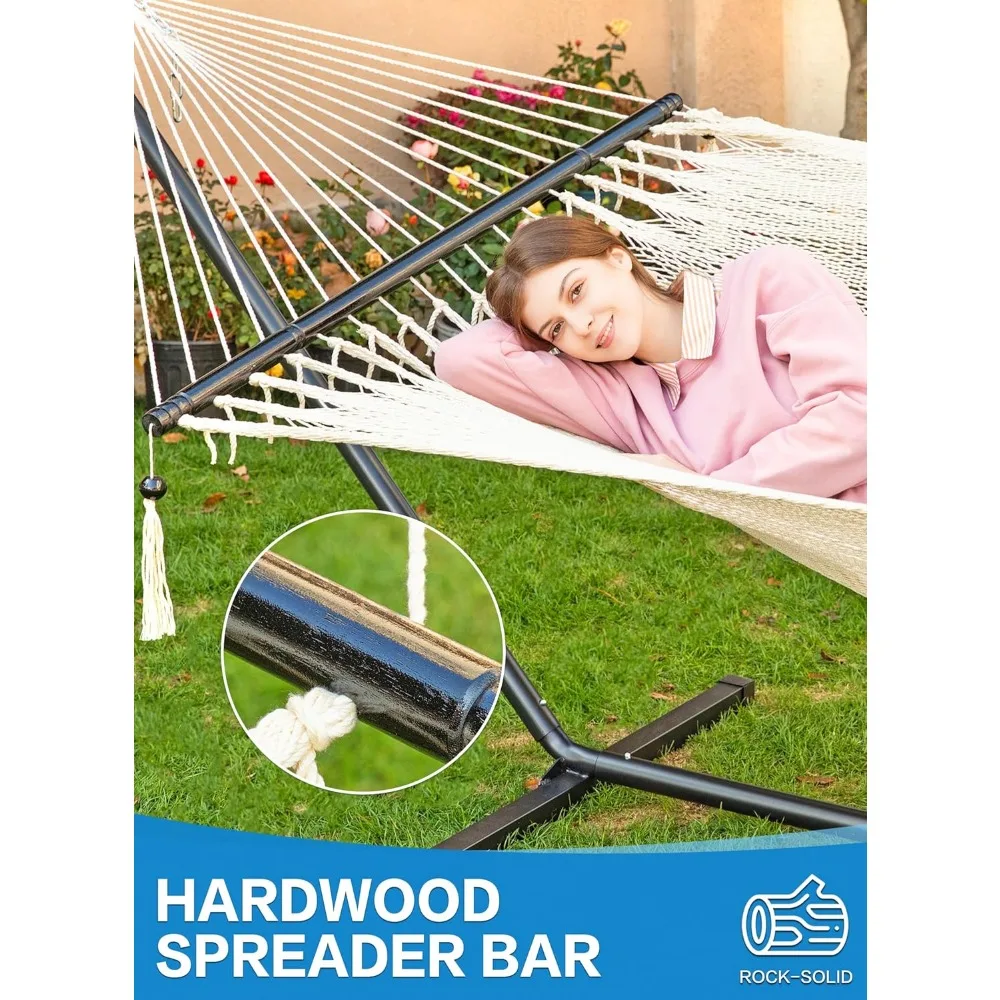 Double Hammocks with Stand Heavy-Duty for Outside, Handwoven Luxurious Rope Hammock 2 Person, Max 475 lbs Capacity