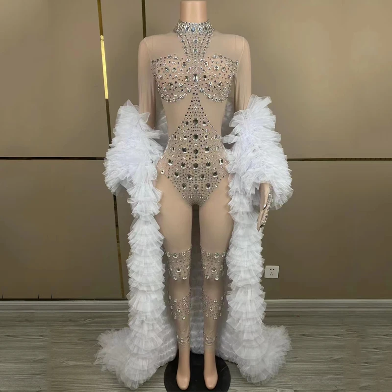 Vrouwen Party Strass Jumpsuit Handschoenen Kanten Jas Sexy Perspectief Gogo Dance Wear Nachtclub Ds Dj Drag Queen Kostuum XS7346