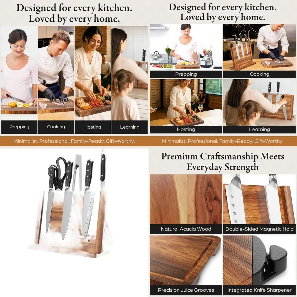 

Wooden 3-in-1 Magnetic Knife Block with 14x10 Cutting Board and Sharpener