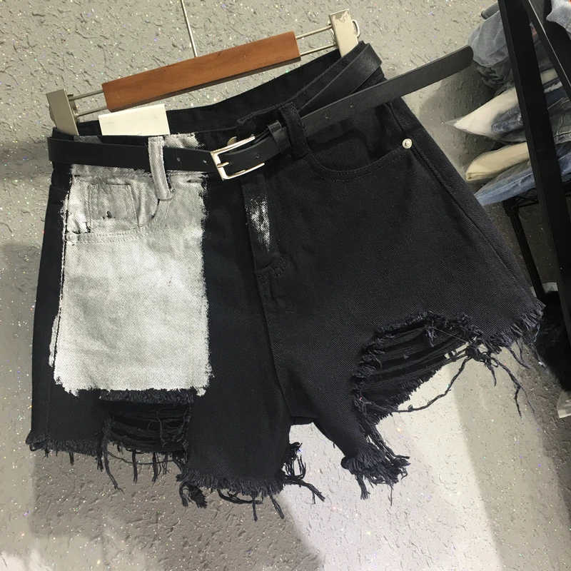 Street Ripped Denim Shorts for Women Contrast Color Wide-legged Hot Pants Slim Causal Jeans Shorts Irregular Y2k Black Summer