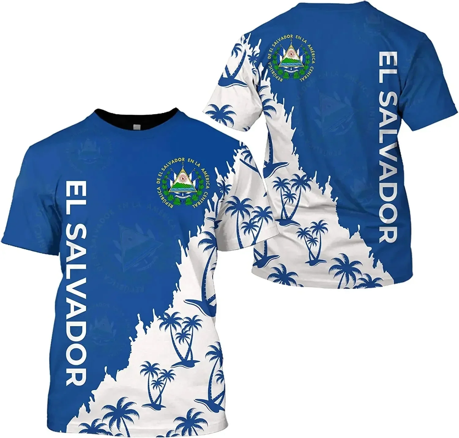 El Salvador Theme Short-sleeve T-shirt Flag Coconut Tree Pattern Casual Top Daily Wear Cultural Shirt