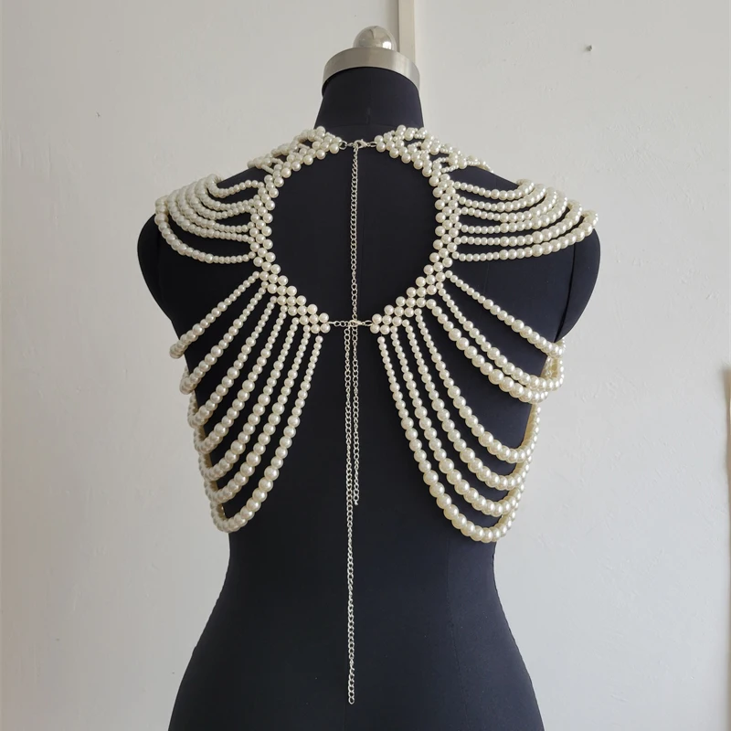Damen Mehrschichtige Perlen-Körperkette Schal-Top Sexy Perlenbesetztes Neckholder-Oberteil Rückenfreies Nachtclub-Party-Strand-Crop-Top Schmuck-Accessoire – Detail 6