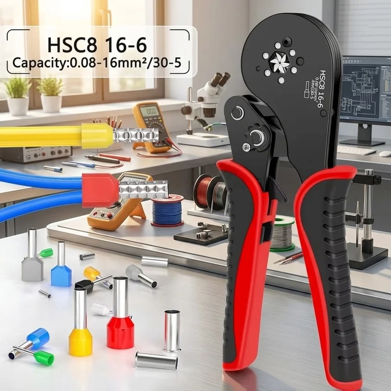 HSC8 16-6 Ferrule Crimping Tool, Self-Adjusting Hex Crimper Pliers, 0.08-16mm² Wire Terminal Tool for Electrical Work