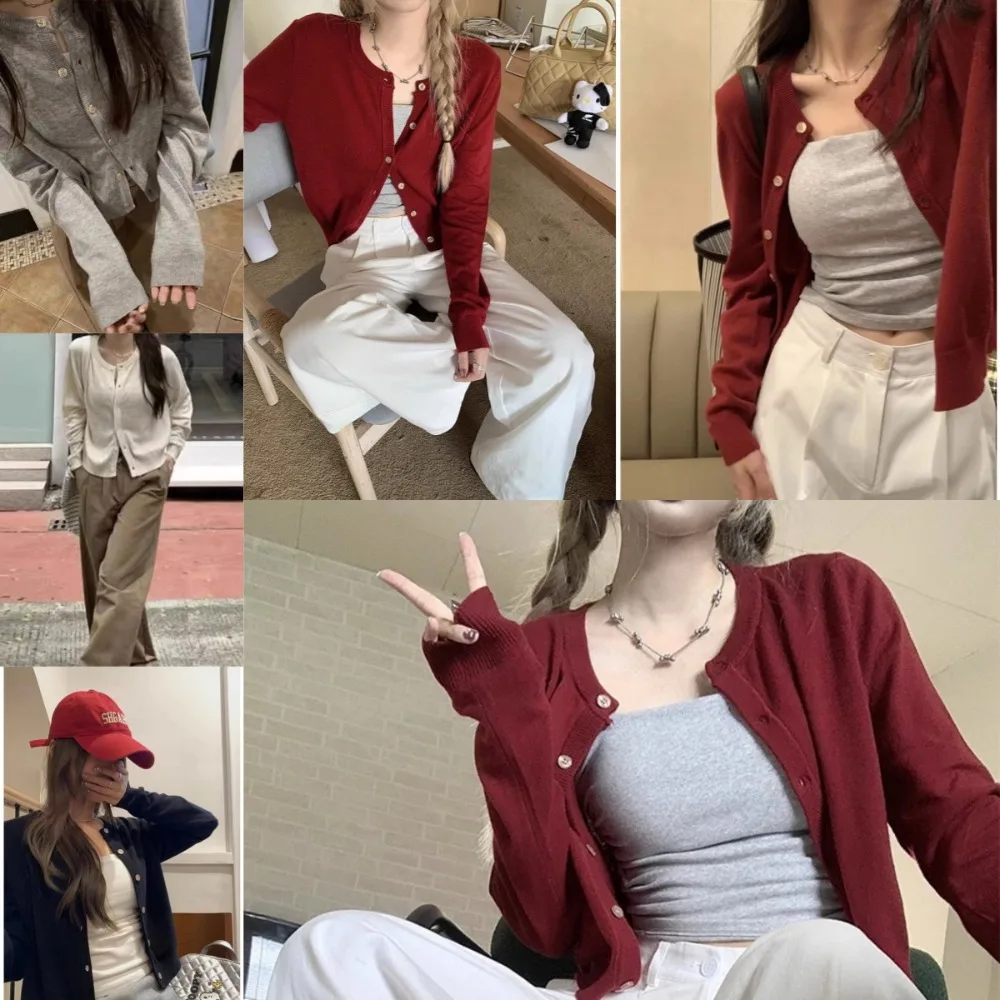 Tra 2024 Autumn New Korean Elegant Knitted Temperament Slim fit Casual Thin Short Sweaters for Women Button Sweater Long Sleeve