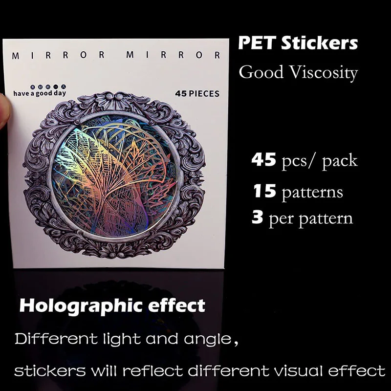 45PCS Holographic Shiny Stickers Transparent Aesthetic Stickers Pack, Scrapbooking Resin Stickers Craft Kits for Journaling